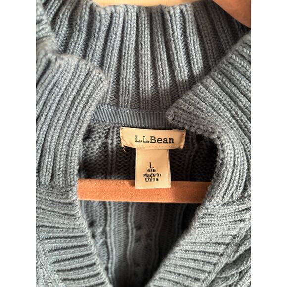 L.L. Bean Women’s Chunky Cable Knit Blue Split Neck Long Sleeve Sweater Large - Picture 7 of 7
